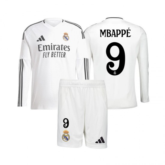 Camisola Real Madrid Mbappé 9 Criança Equipamento Primeiro 2024-2025 Manga Comprida